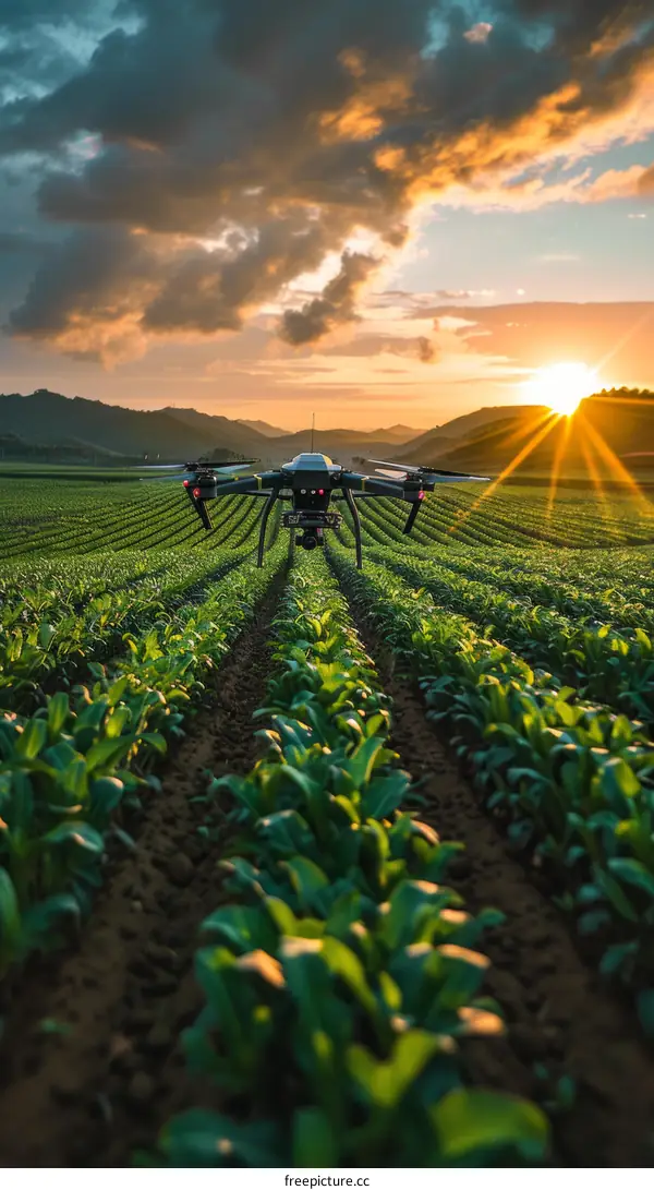 Drone Photography: Sunset Over a Lush Green Crop Field
