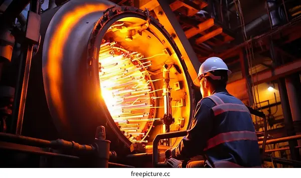 Steel mill worker in front of a furnace
