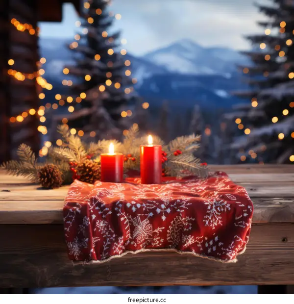 Two Red Candles Burning on a Table Covered with Red Snowflake Cloth