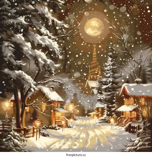 Snowy Village Street with Decorated Houses and a Large Moon
