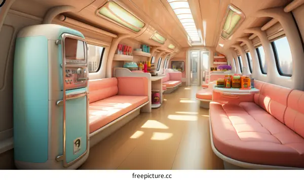 Retro futuristic train interior concept art