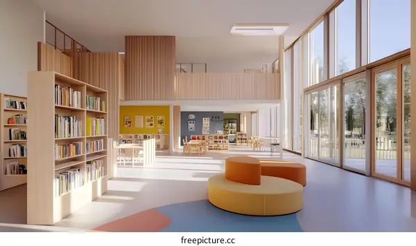 Modern Library Interior Design with Bookshelves and Colorful Seating