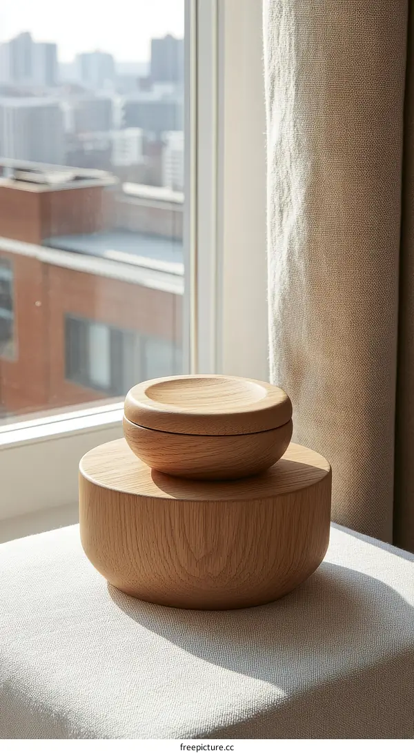 Wooden Bowls Set by Window with City View