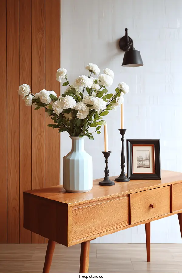 Modern Wooden Console Table with White Flowers and Candles