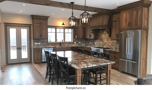 Rustic kitchen with wood beams and granite countertops