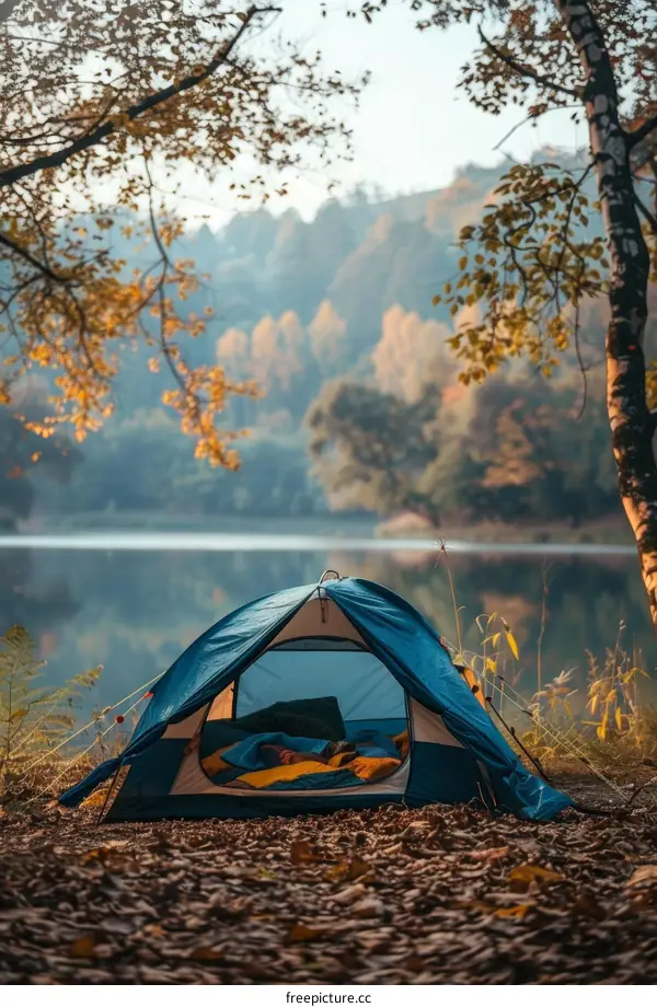 Camping tent on the lake in the autumn forest