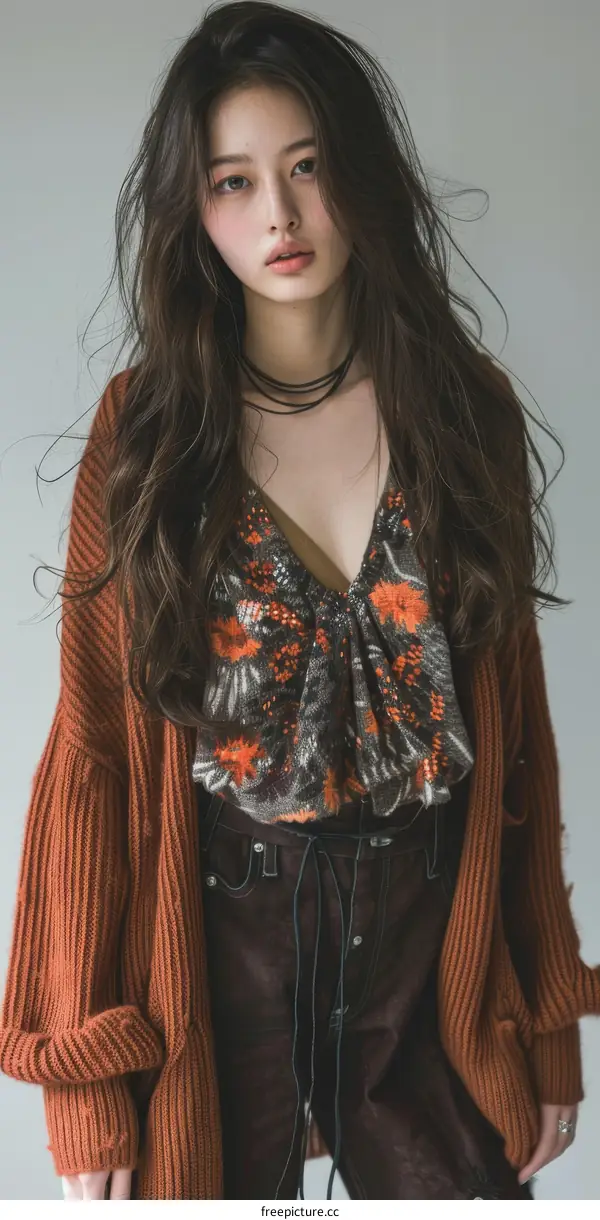 portrait of a young Asian woman with long brown hair wearing a brown cardigan sweater