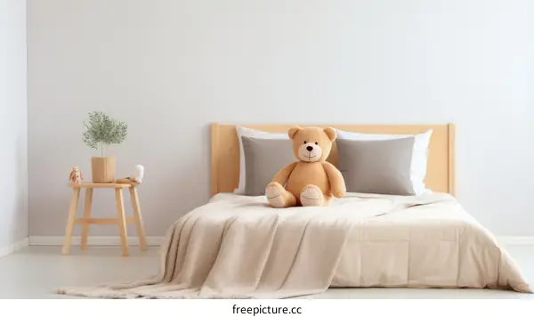 A cozy bedroom with a teddy bear sitting on the bed