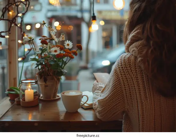 A woman is reading a book in a cafe