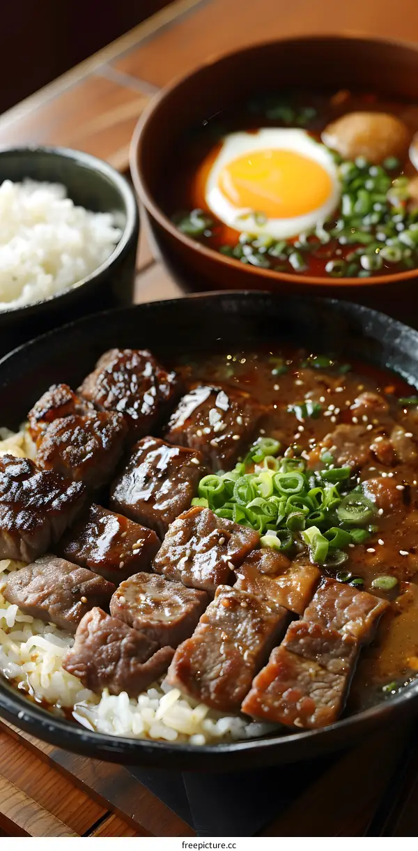 Japanese Cuisine Beef Rice Bowl with Side Dishes