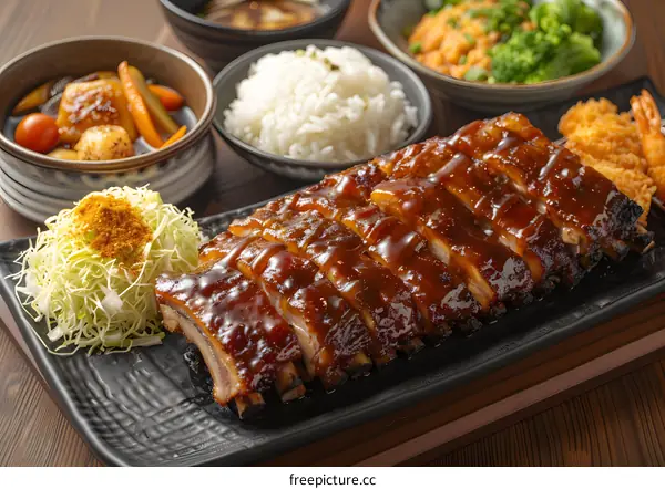 A delicious Japanese meal with pork ribs, rice, and vegetables