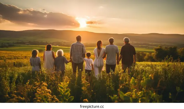 Family standing in a field of flowers watching the sunset