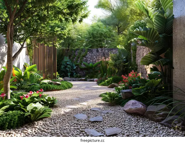 Tropical Garden Pathway with Stones and Plants