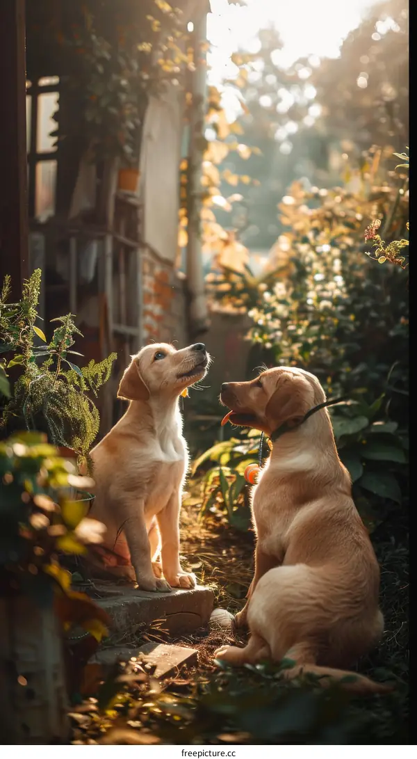 Two cute labrador puppies sitting in the garden