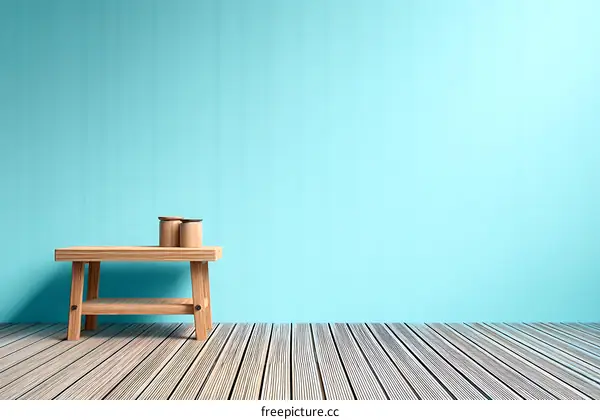 Simple Light Wood Accent Table Against Light Teal Wall