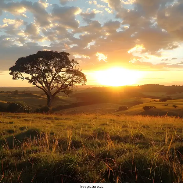 The setting sun shines on the vast grassland
