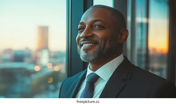 Businessman looking out city window