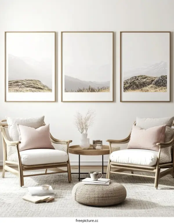 Three framed nature prints. Minimalist room decor.