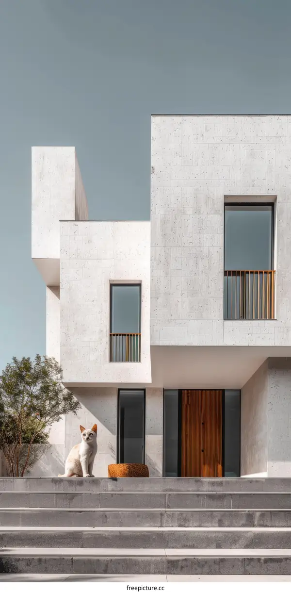 A ginger cat sitting on the stairs in front of a modern house