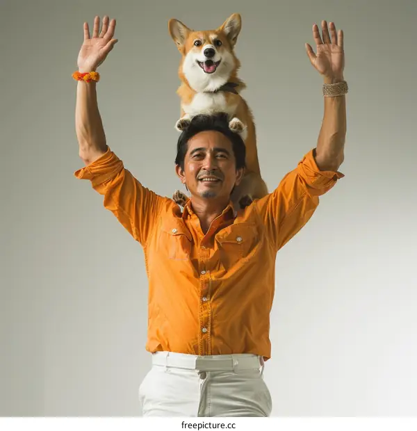 A man with a dog on his head