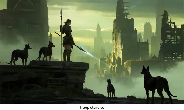A Woman Warrior with Dogs Stands on Ancient Ruins
