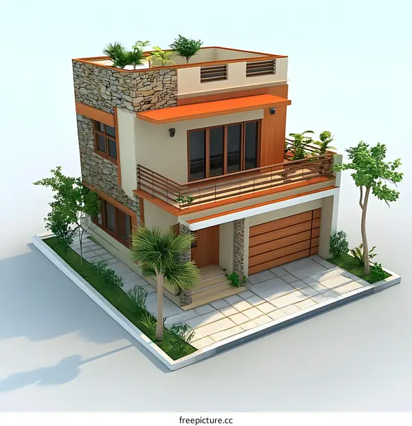 Modern Two Story House with Balcony and Stone Facade