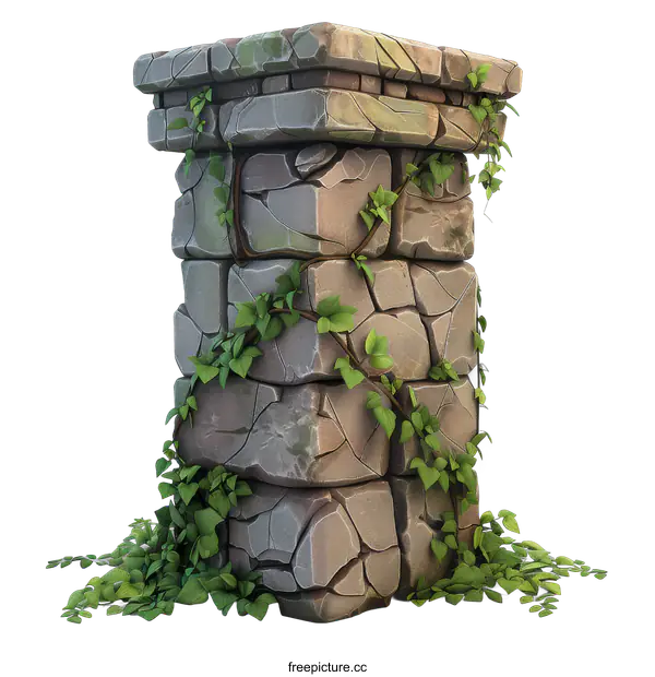 [Transparent Background PNG]ancient stone pillar covered with green ivy