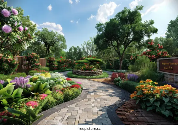 Serene Garden with Stone Path and Circular Flower Bed