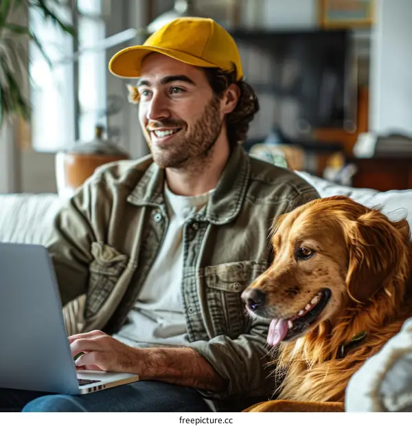 A man and his golden retriever dog sit on a couch and look at each other