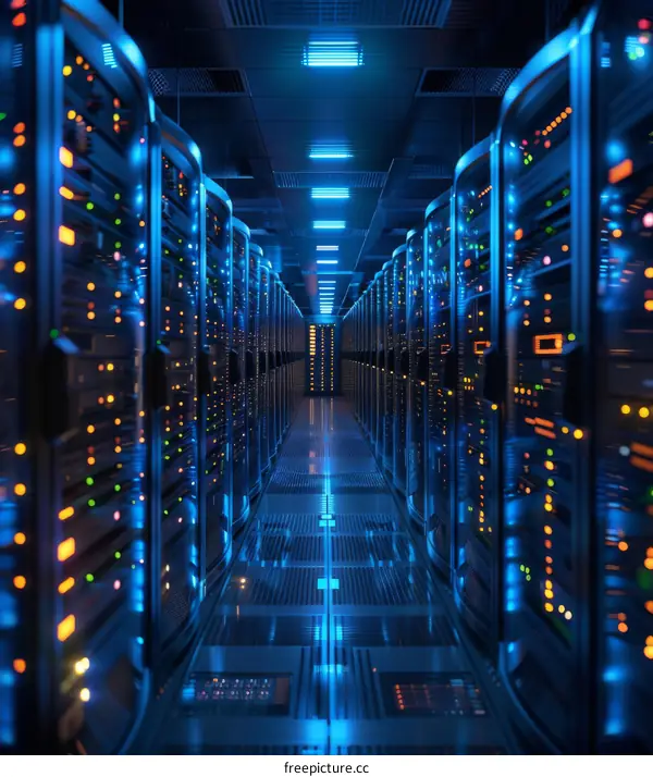 Server Room Interior with Blue Lights and Server Racks