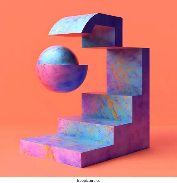 Abstract 3D Illustration of a Marble Sphere and Steps on a Coral Background