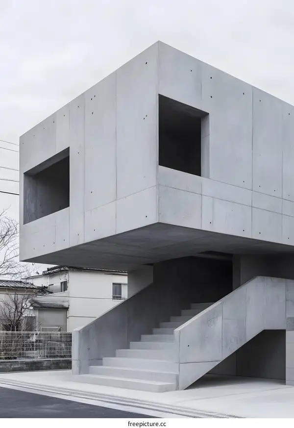 Modern Concrete Building with Geometric Windows and Staircase