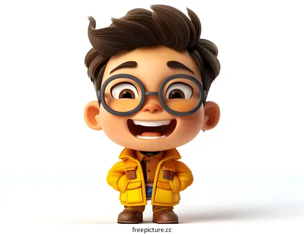 Smiling Cartoon Boy with Glasses Wearing a Yellow Jacket