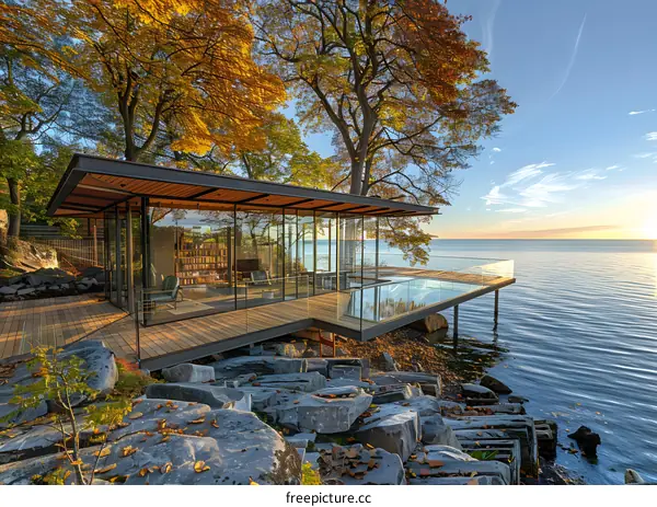 A modern glass house on the lake with autumn trees