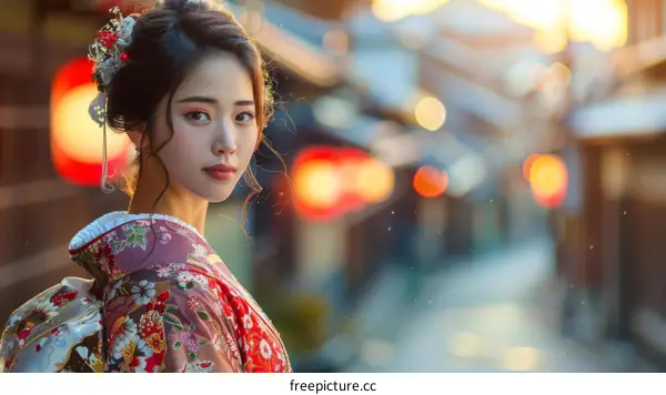 Portrait of a beautiful Japanese woman in traditional kimono