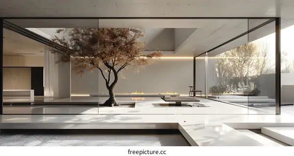 Minimalist Modern Interior Design with Tree and Fireplace