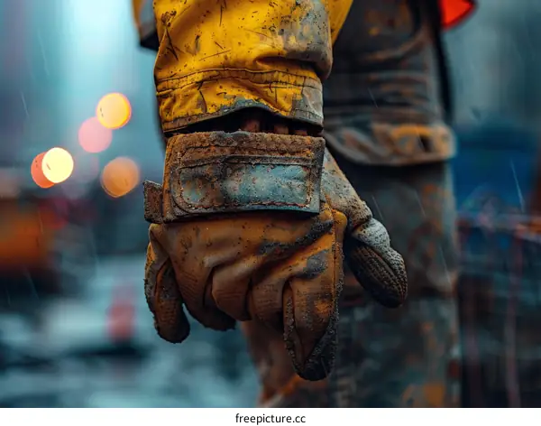 Construction worker wearing a yellow jacket and brown gloves