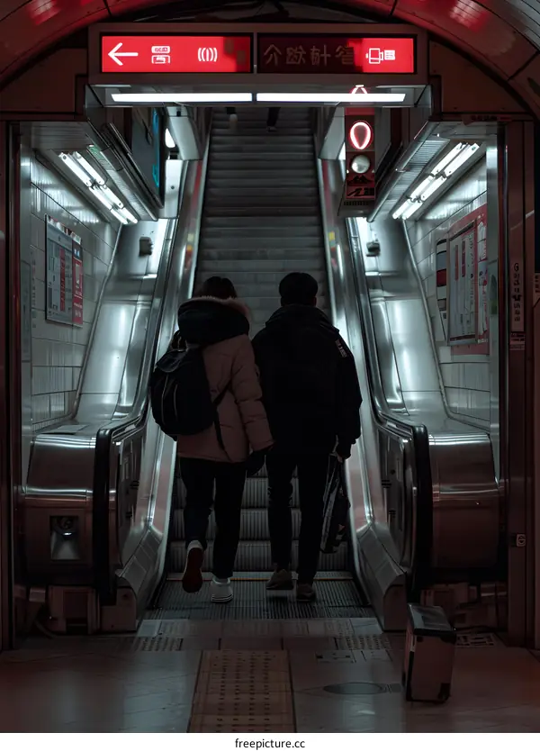 Couple Walking Down Escalator In Subway Station