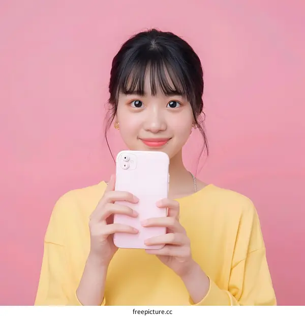 Smiling Asian Woman Holding a Smartphone in Front of Pink Background