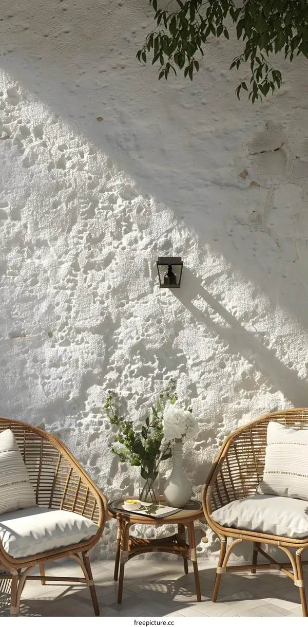 White Wall with Rattan Chairs and Table in Outdoor Patio
