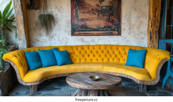 Retro Yellow Sectional Sofa in a Rustic Interior