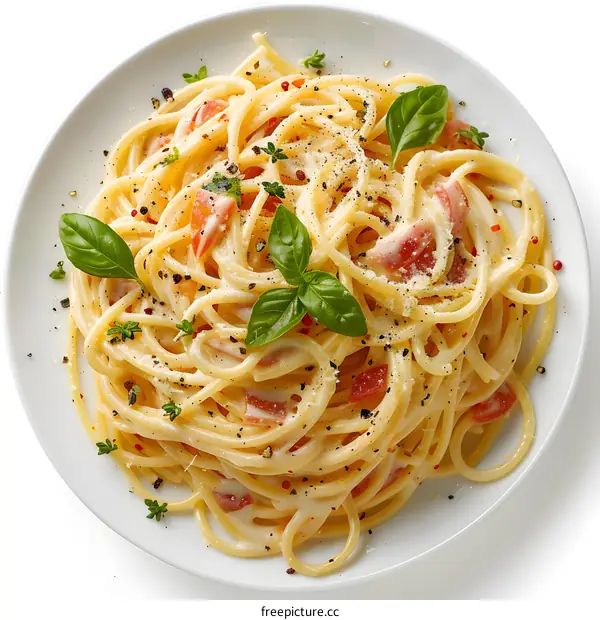 Plate of delicious spaghetti with basil