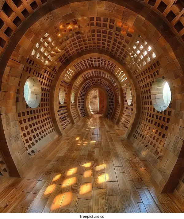 Wooden tunnel with porthole windows