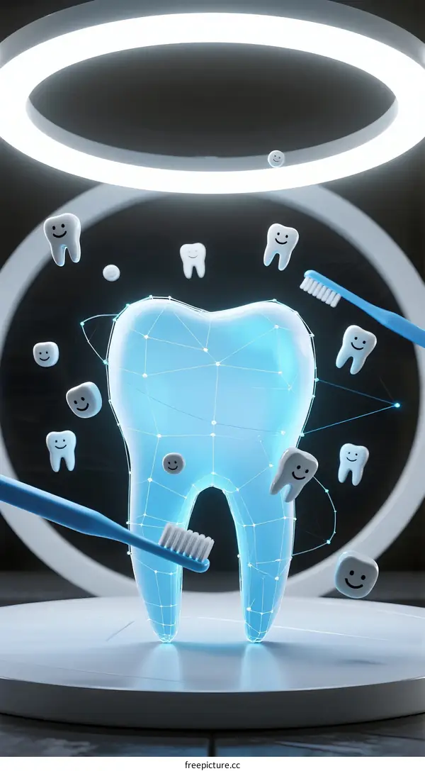Innovative 3D Rendering of Healthy Tooth with Dental Tools and Icons