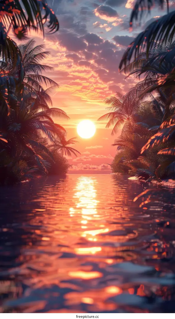 Sunset over Tropical Lagoon with Palm Trees