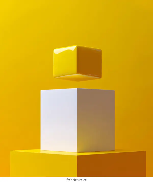 Yellow Cube Floating Above White and Yellow Platforms on Yellow Background