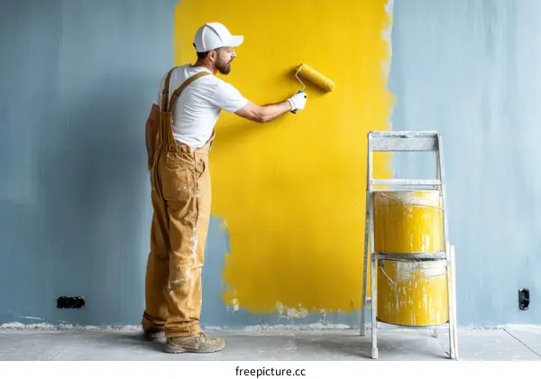 Interior Painter Applying Yellow Paint to a Wall