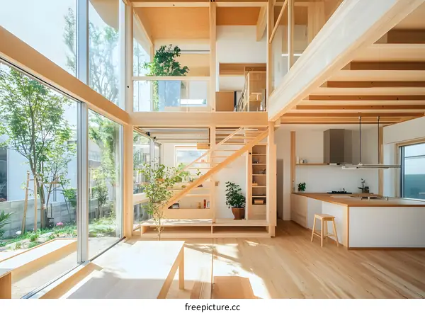 Modern Wooden House Interior Design With Staircase and Large Windows