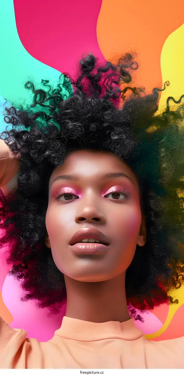 Beautiful Woman with Pink Eyeshadow and Curly Hair Against Vibrant Background