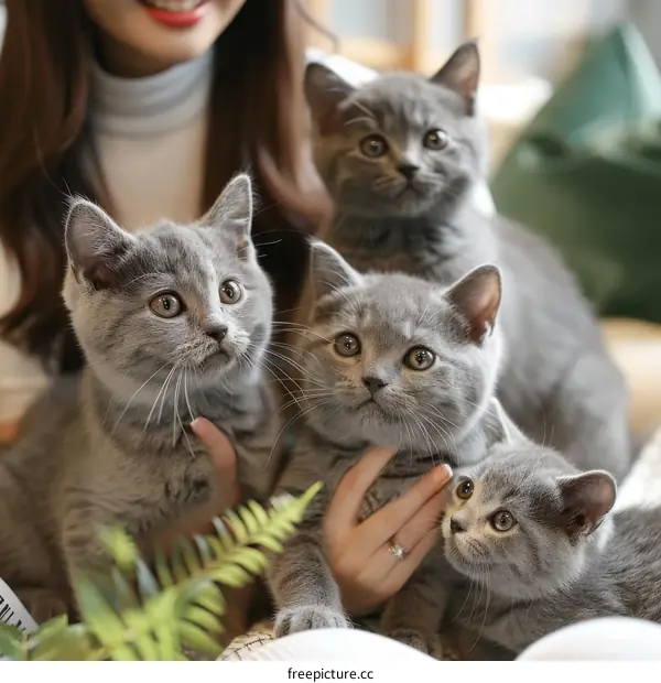 A woman is holding four British Shorthair cats in her arms